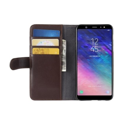 Samsung Galaxy A6+ 2018 atverčiamas rudas odinis dėklas - piniginė | Priedai.lt