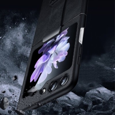 „Sulada“ Leather Kickstand Samsung Galaxy Flip7 FE / Flip6 black leather case - back | Priedai.lt
