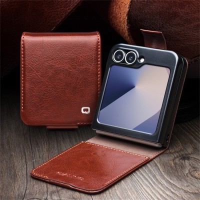 Samsung Galaxy Flip7 FE / Flip6 "QIALINO" flip-up leather case cover - brown | Priedai.lt