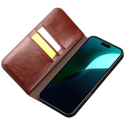 Apple iPhone 16 Plus "QIALINO" flip-up leather case cover - brown | Priedai.lt