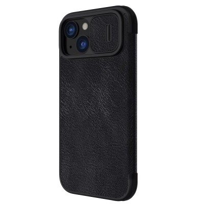Prabangus „Nillkin“ Qin Pro serijos juodas odinis atverčiamas Apple iPhone 15 dėklas | Priedai.lt