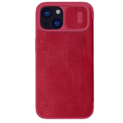 Prabangus „Nillkin“ Qin Pro serijos raudonas odinis atverčiamas Apple iPhone 15 dėklas | Priedai.lt