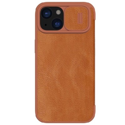 Prabangus „Nillkin“ Qin Pro serijos rudas odinis atverčiamas Apple iPhone 15 Plus dėklas | Priedai.lt