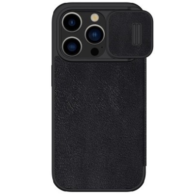Prabangus „Nillkin“ Qin Pro serijos juodas odinis atverčiamas Apple iPhone 15 Pro dėklas | Priedai.lt