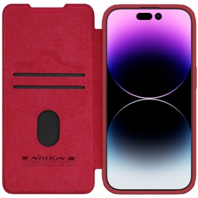 Prabangus „Nillkin“ Qin Pro serijos raudonas odinis atverčiamas Apple iPhone 15 Pro Max dėklas | Priedai.lt