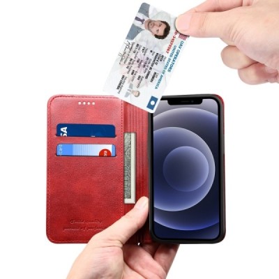 Suteni atverčiamas raudonas odinis Apple iPhone 12 Mini dėklas - knygutė | Priedai.lt
