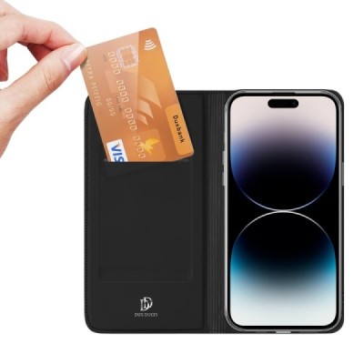 „Dux Ducis“ Skin serijos Apple iPhone 15 Pro juodas odinis atverčiamas dėklas | Priedai.lt
