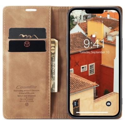 Apple iPhone 15 CaseMe Retro solidus atverčiamas šviesiai rudas odinis dėklas - knygutė | Priedai.lt