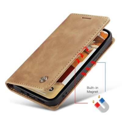 Apple iPhone 15 CaseMe Retro solidus atverčiamas šviesiai rudas odinis dėklas - knygutė | Priedai.lt