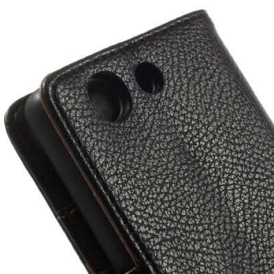 Sony Xperia Z3 Compact atverčiamas juodas odinis Litchi dėklas - piniginė / Priedai.lt