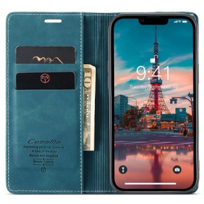Apple iPhone 15 Pro CaseMe Retro solidus atverčiamas žalias odinis dėklas - knygutė | Priedai.lt