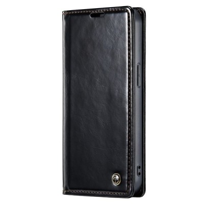 Apple iPhone 15 „CaseMe“ Leather solidus atverčiamas juodas odinis dėklas - knygutė | Priedai.lt