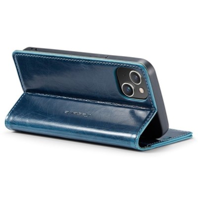 Apple iPhone 15 „CaseMe“ Leather solidus atverčiamas mėlynas odinis dėklas - knygutė | Priedai.lt