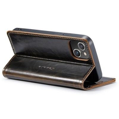 Apple iPhone 15 Plus „CaseMe“ Leather solidus atverčiamas rudas odinis dėklas - knygutė | Priedai.lt