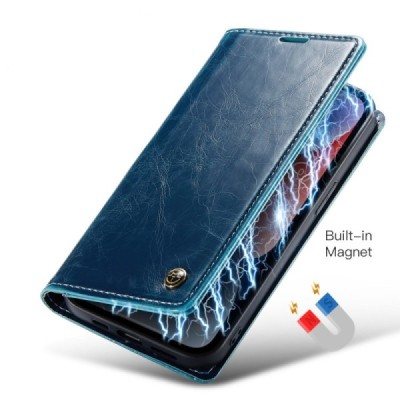 Apple iPhone 15 Plus „CaseMe“ Leather solidus atverčiamas mėlynas odinis dėklas - knygutė | Priedai.lt