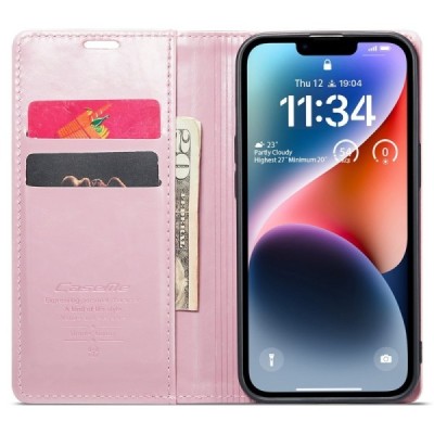 Apple iPhone 15 Plus „CaseMe“ Leather solidus atverčiamas rožinis odinis dėklas - knygutė | Priedai.lt