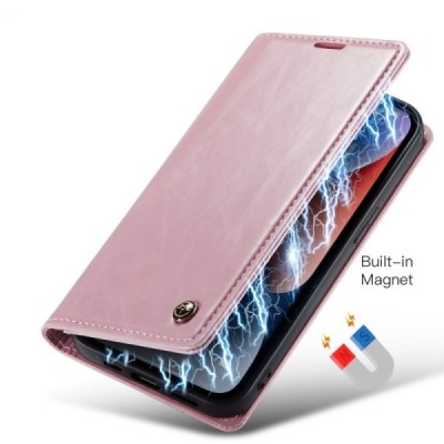 Apple iPhone 15 Plus „CaseMe“ Leather solidus atverčiamas rožinis odinis dėklas - knygutė | Priedai.lt