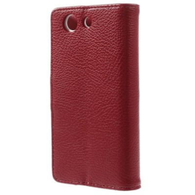 Sony Xperia Z3 Compact atverčiamas raudonas odinis Litchi dėklas - piniginė / Priedai.lt
