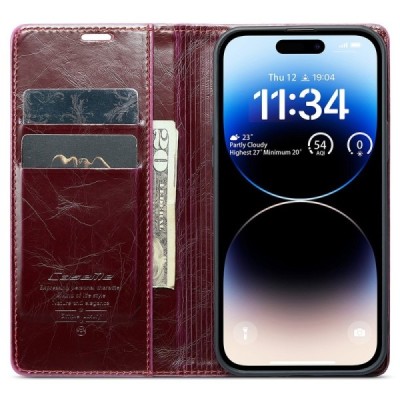 Apple iPhone 15 Pro „CaseMe“ Leather solidus atverčiamas bordo odinis dėklas - knygutė | Priedai.lt