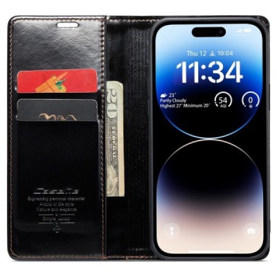 Apple iPhone 15 Pro Max „CaseMe“ Leather solidus atverčiamas juodas odinis dėklas - knygutė | Priedai.lt