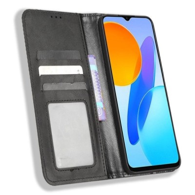Huawei Honor 70 Lite (X8, X6) Vintage juodas odinis atverčiamas dėklas - knygutė su magnetu | Priedai.lt