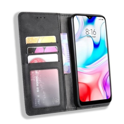 Xiaomi Redmi 8 Vintage juodas odinis atverčiamas dėklas - knygutė su magnetu | Priedai.lt