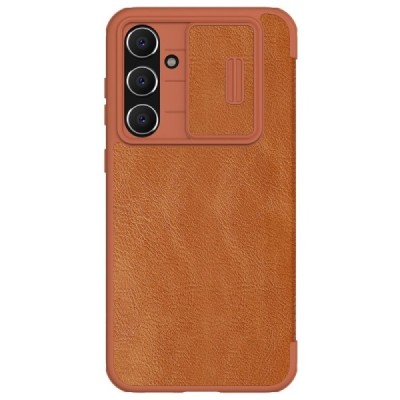 Prabangus „Nillkin“ Qin Pro serijos rudas odinis atverčiamas Samsung Galaxy S23 FE (Fan Edition) dėklas | Priedai.lt