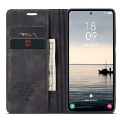 Samsung Galaxy S23 FE (Fan Edition) CaseMe Retro solidus atverčiamas juodas odinis dėklas - knygutė | Priedai.lt