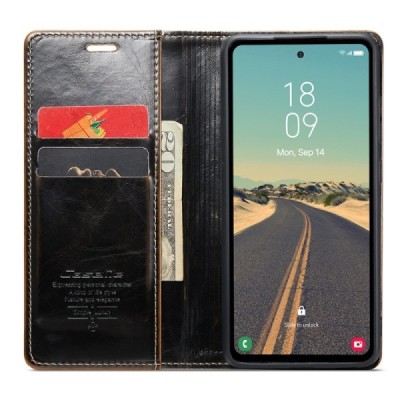 Samsung Galaxy S23 FE (Fan Edition) „CaseMe“ Leather solidus atverčiamas rudas odinis dėklas - knygutė | Priedai.lt