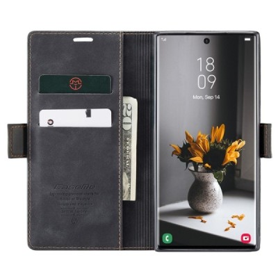 Samsung Galaxy S24 Ultra (SM-S928) CaseMe Retro solidus atverčiamas juodas odinis dėklas - knygutė | Priedai.lt