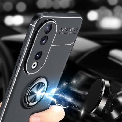 Huawei Honor 90 „FOCUS“ Kickstand hard silicone TPU black case - back | Priedai.lt