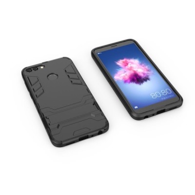 Enhanced protections „Kickstand“ Huawei P smart 2018 (Enjoy 7S) black hard silicone (TPU) and plastic case | Priedai.lt