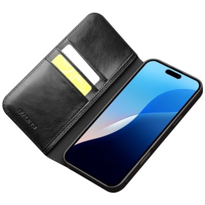 Apple iPhone 16 Pro "QIALINO" flip-up leather case cover - black | Priedai.lt