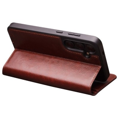 Samsung Galaxy S24 (SM-S921) „QIALINO“ flip-up brown leather case - booklet | Priedai.lt