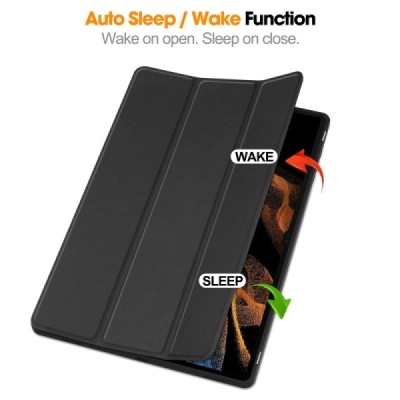 Samsung Galaxy Tab S10 Ultra, S9 Ultra, S8 Ultra flip-up black leather case - notebook with a place for the pen | Priedai.lt