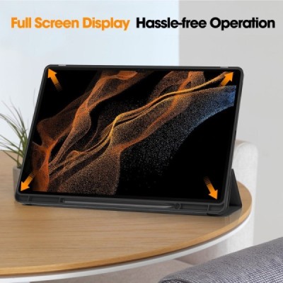 Samsung Galaxy Tab S10 Ultra, S9 Ultra, S8 Ultra flip-up black leather case - notebook with a place for the pen | Priedai.lt