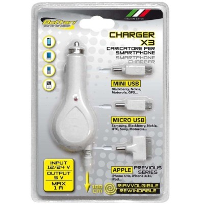 „Bottari“ Charger X3 universalus baltas automobilinis įkroviklis su 3 keičiamais antgaliais / Priedai.lt