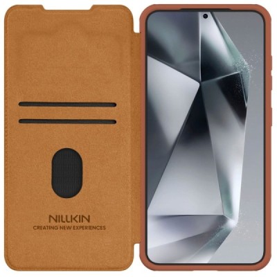 "Nillkin" Qin Pro series luxury brown leather flip case for Samsung Galaxy S25 | Priedai.lt