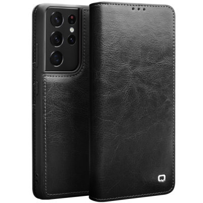 Samsung Galaxy S21 Ultra "QIALINO" flip-up leather case cover - black | Priedai.lt