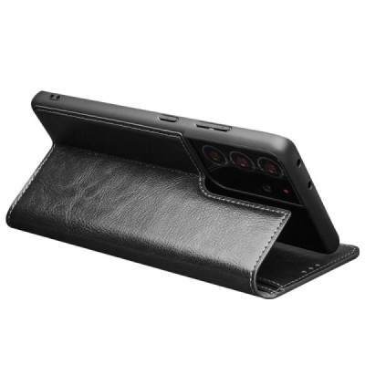 Samsung Galaxy S21 Ultra "QIALINO" flip-up leather case cover - black | Priedai.lt