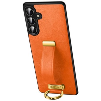 "SULADA" Leather Kickstand Samsung Galaxy S25 orange leather case - back | Priedai.lt