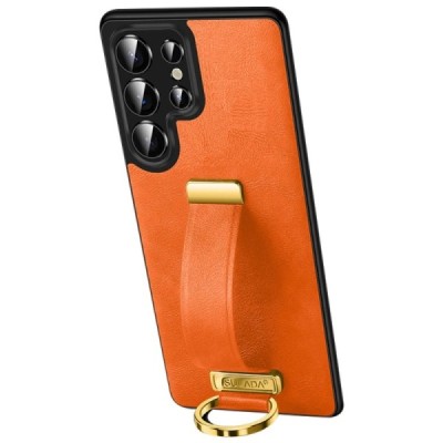 "SULADA" Leather Kickstand Samsung Galaxy S25 Ultra orange leather case - back | Priedai.lt