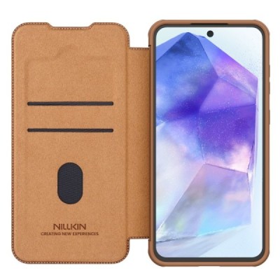 "Nillkin" Qin Pro series luxury brown leather flip case for Samsung Galaxy A56 | Priedai.lt