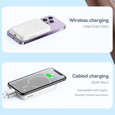 „Baseus“ Magnetic Mini Air MagSafe PowerBank external battery - white (6000 mAh, 20W) | Priedai.LT