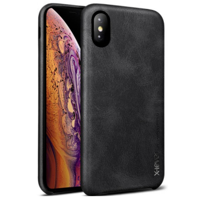 "X-Level" Vintage series Apple iPhone X (iPhone Xs) black leather case - back | Priedai.lt