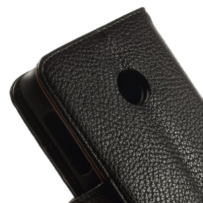 Nokia Lumia 530 atverčiamas juodas odinis Litchi dėklas - piniginė / Priedai.lt