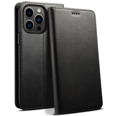 Apple iPhone 15 Pro Max "Suteni" Black leather flip case - book | Priedai.lt