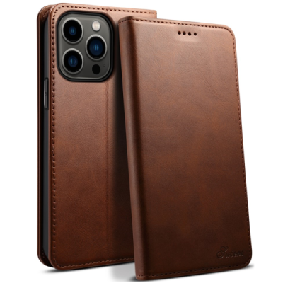 Apple iPhone 15 Pro Max "Suteni" Brown leather flip case - book | Priedai.lt