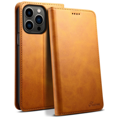 Apple iPhone 15 Pro Max "Suteni" Light Brown leather flip case - book | Priedai.lt