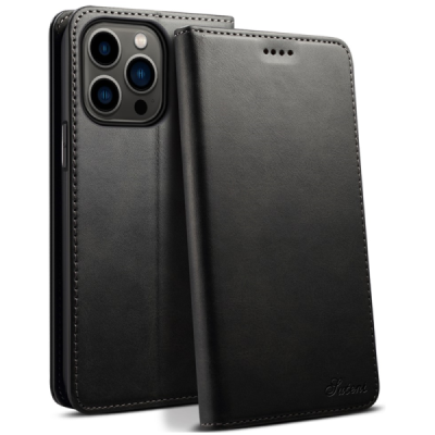 Apple iPhone 15 Pro "Suteni" Black leather flip case - book | Priedai.lt